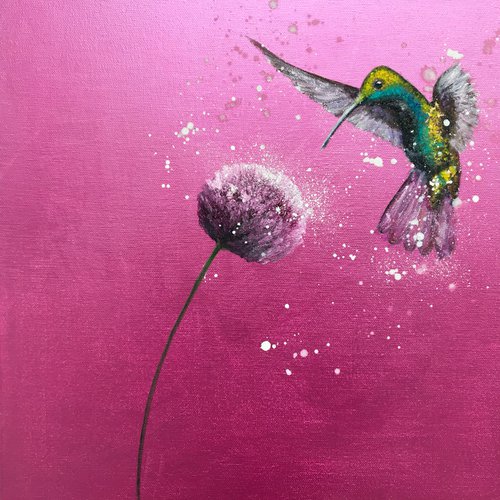 Free As A Bird ~ Hummingbird on Metallic Pink by Laure Bury