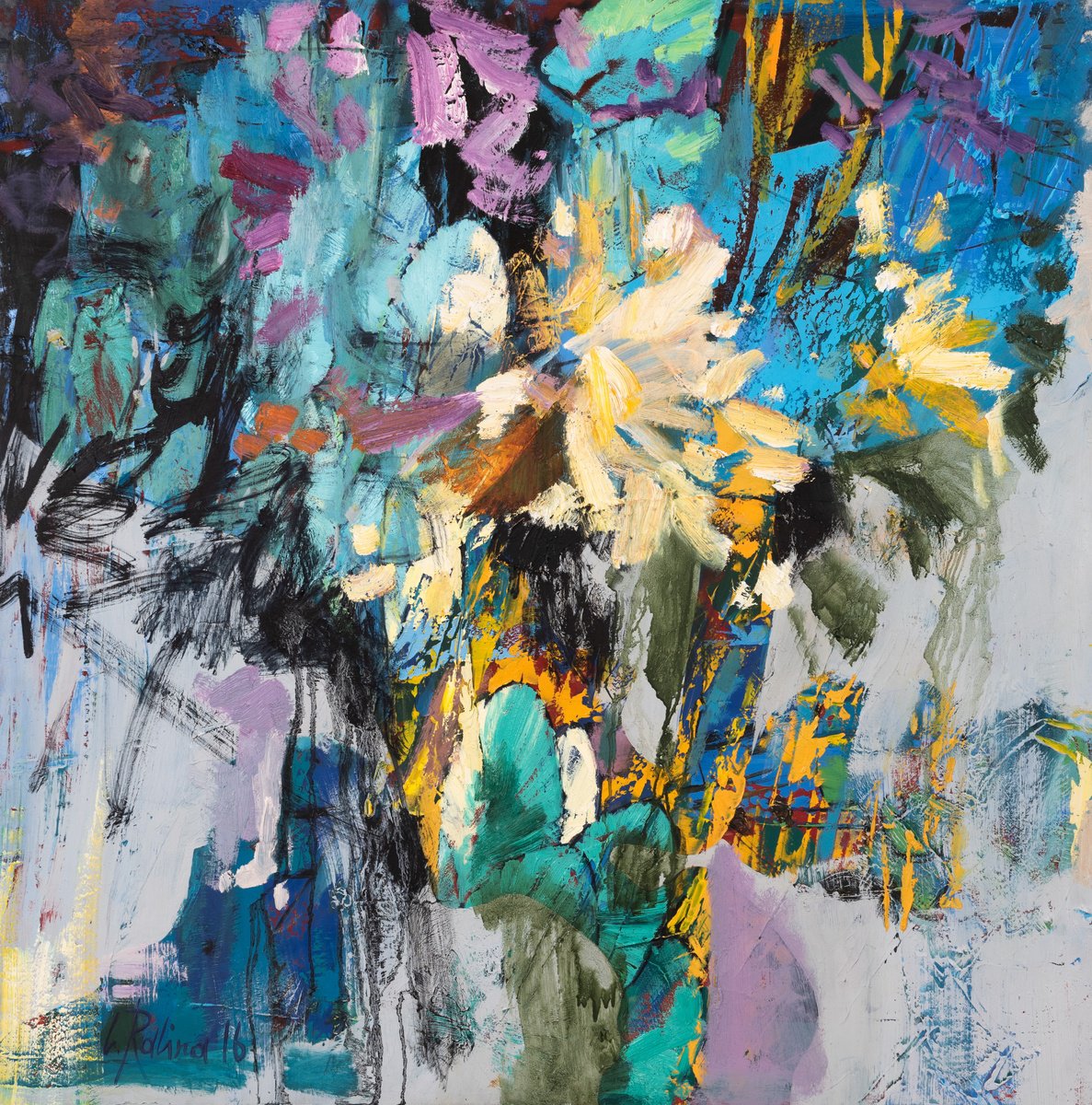 Botanical Oil Painting By Yelena Ralina, 39 X 39", Turquoise Horizon, Original Artwork