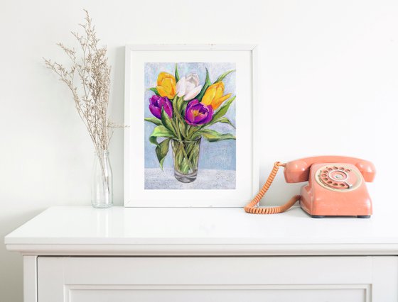 Bright floral bouquet, oil pastel floral painting