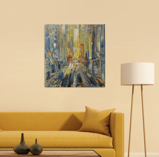 BIG CITY LIGHTS, abstract impressionist painting 75x78cm