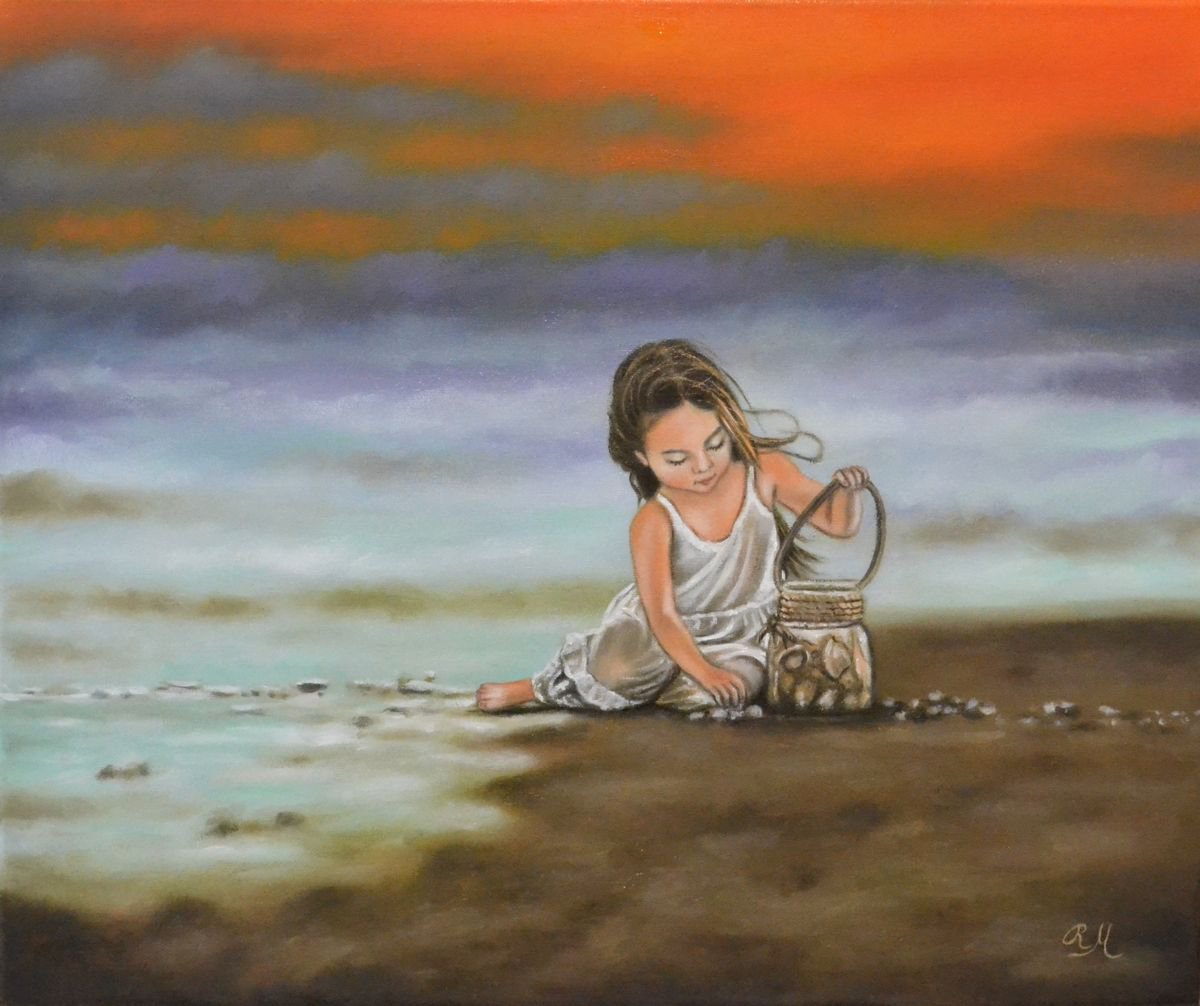 Expressive Oil Painting , Collecting The Shells By Monika Rembowska, 24 X 20, Artwork For Sale On Artfinder