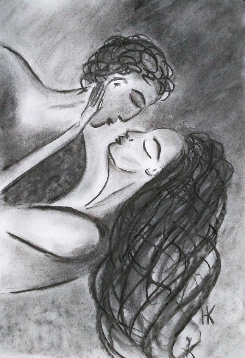couple in love original charcoal drawing people in love kiss Take my breath away by Halyna Kirichenko
