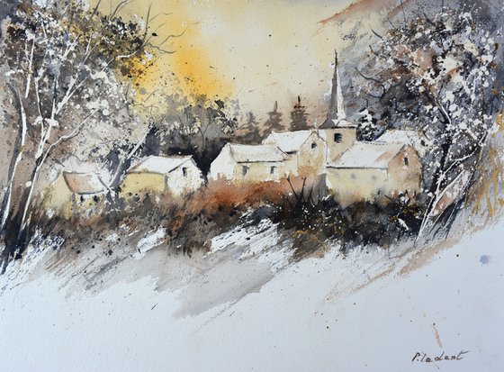 Village in winter-watercolor