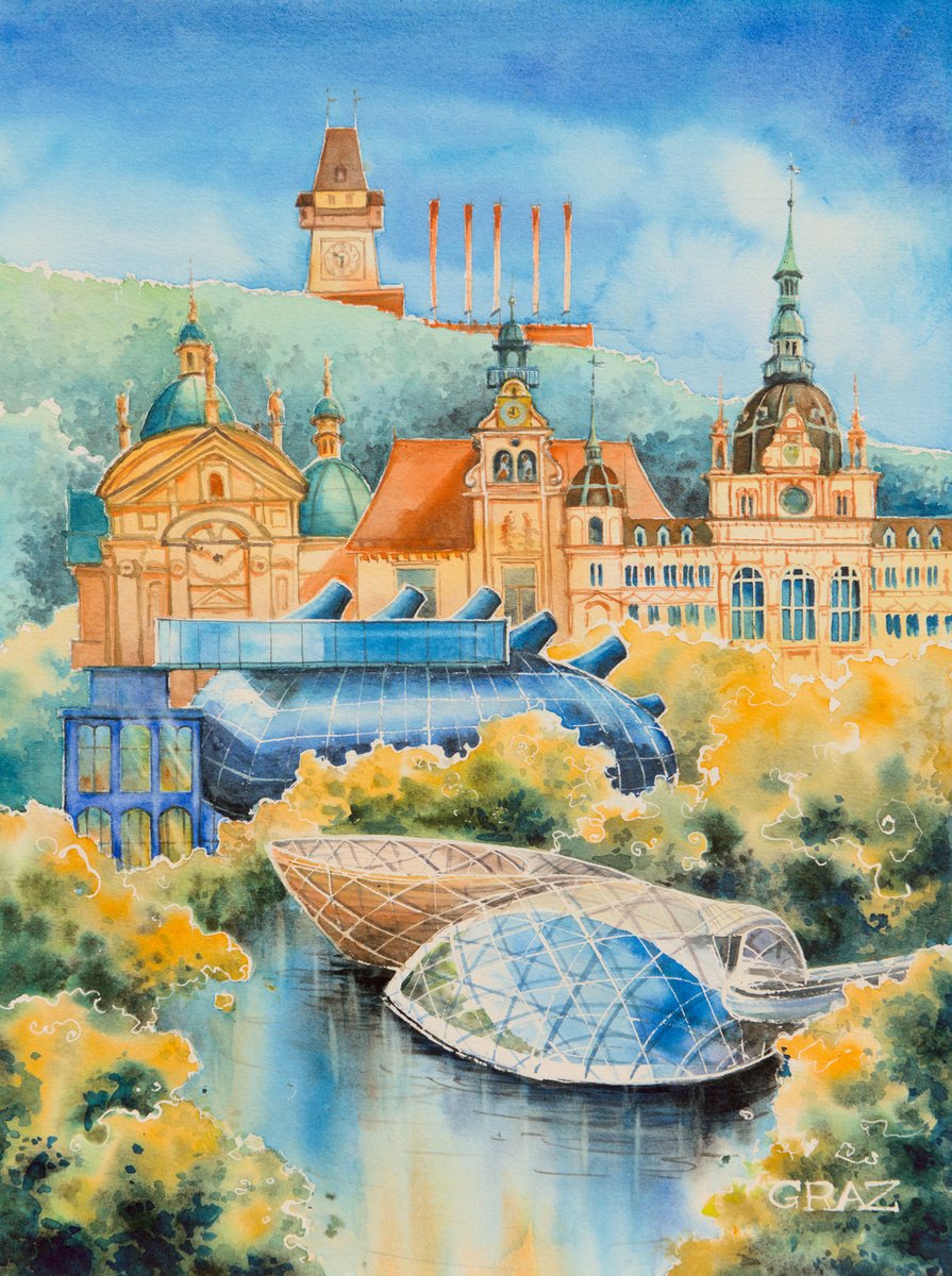 Impressionistic Cityscapes Watercolour By Eve Mazur, 12 X 16, Blue Graz, Original Artwork