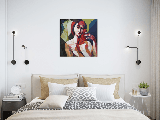 In front of the mirror (60x60cm, cubism, oil painting, ready to hang)