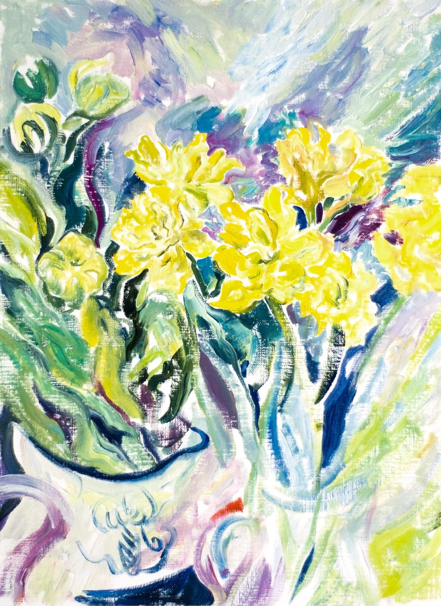 Impressionistic Botanical Oil Painting By Daria Galinski, 9 X 13, Still Lfe With Yellow Narcissus, Original Artwork