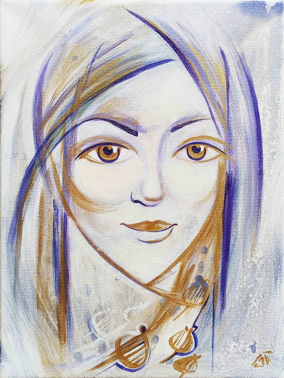 Giving the sun, faith, love and hope, lilak female portrait, modern art