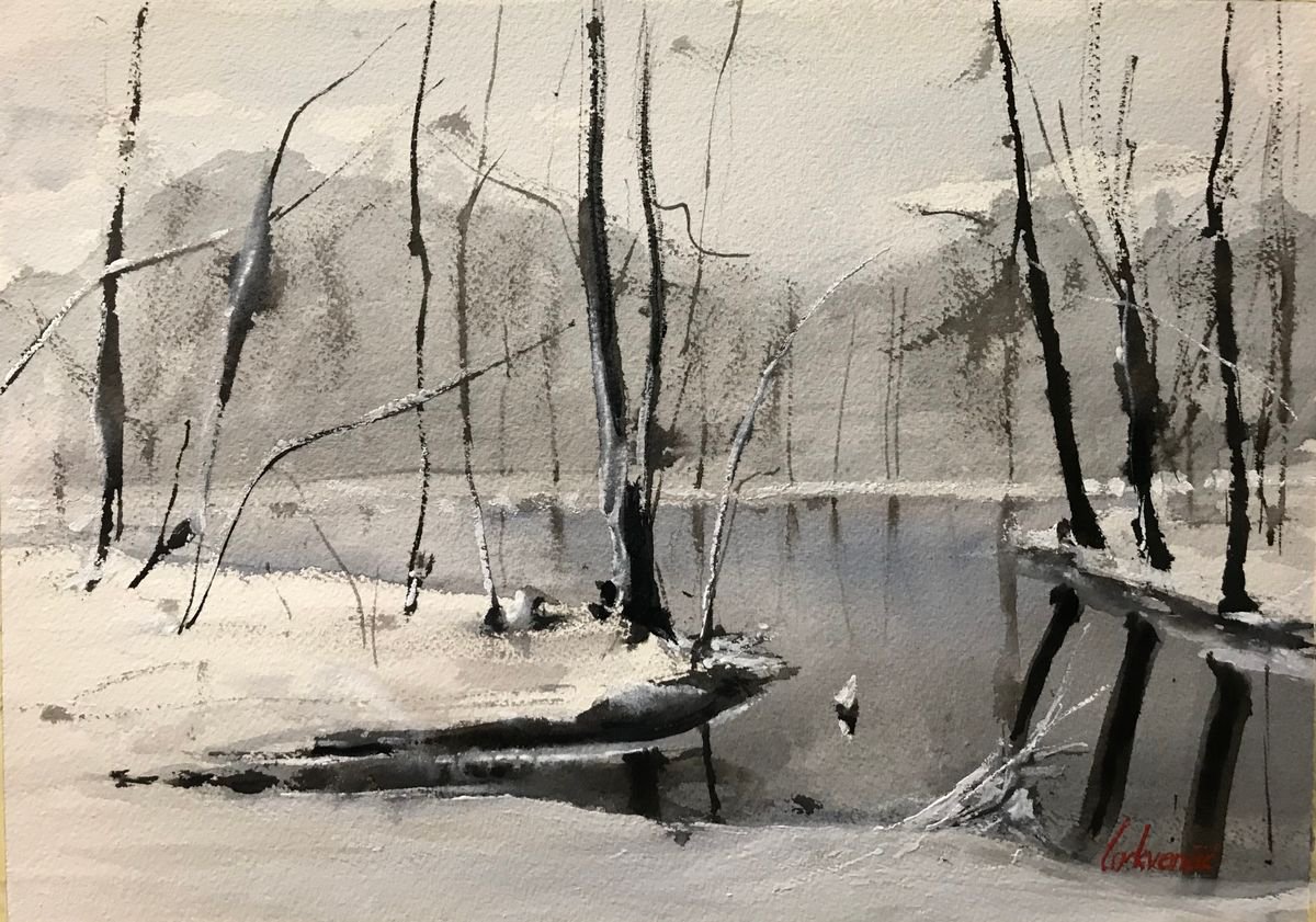 Impressionistic Landscape Watercolour By Tihomir Cirkvencic, 13 X 9", Winter On The Lake, Original Artwork