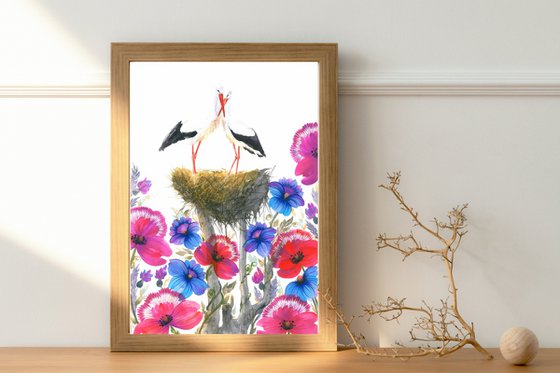 "Nest of Serenity"2, a pair of storks in a nest among a field of wild flowers on a sunny day