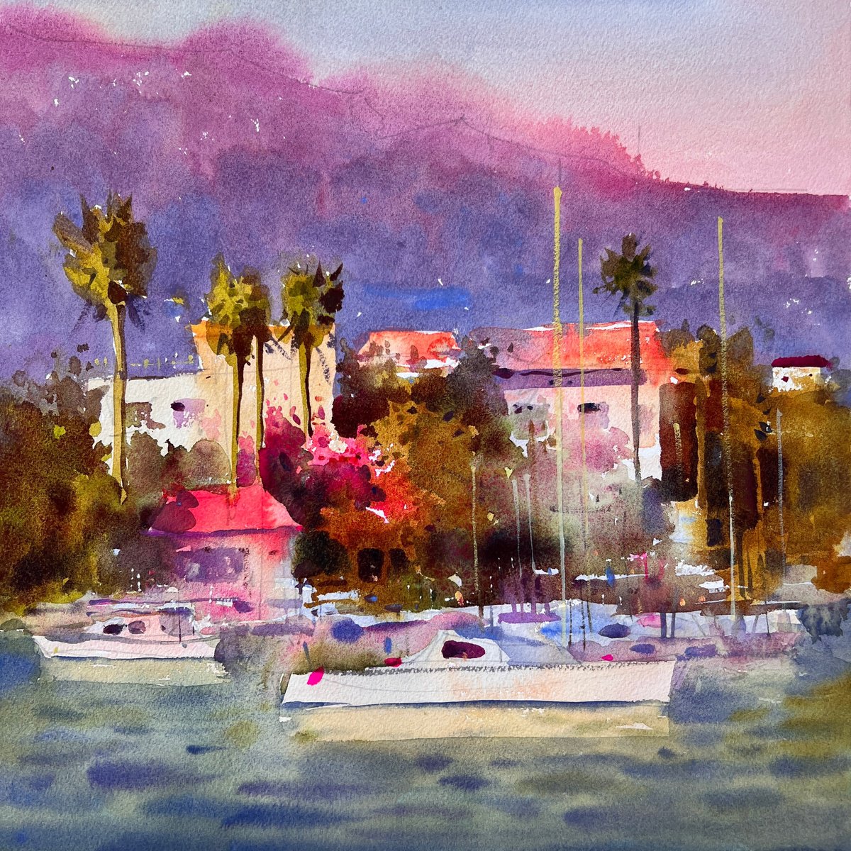 Impressionistic Landscape Watercolour By Andrii Kovalyk, 12 X 12, Evening In The Croatian Bay, Original Artwork