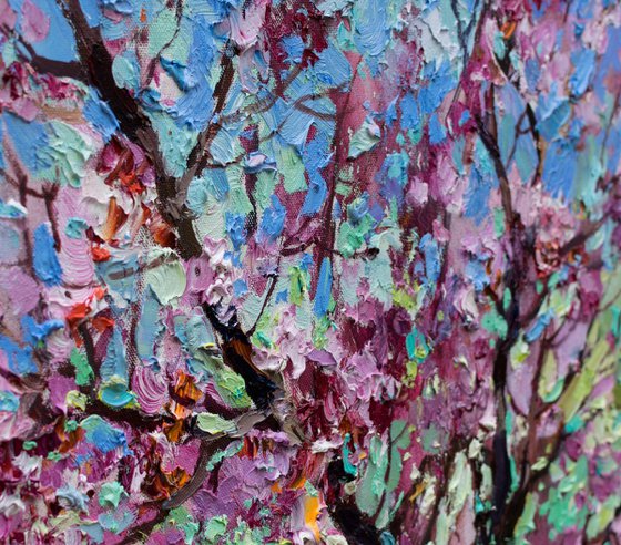 Flowering peach tree Original oil painting