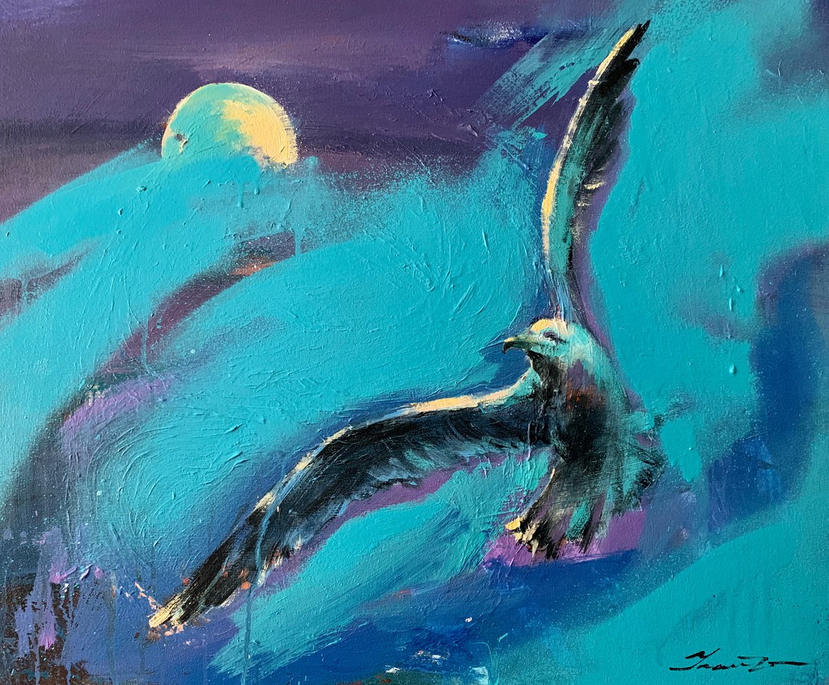 Expressive Animal Acrylic Painting By Yaroslav Yasenev, 24 X 20", Seagull On Blue Sunset, Original Artwork
