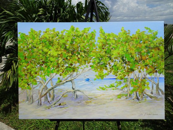 DAY ON THE BEACH. Tropical Island Seascape Painting of Florida Beach and Fishing Boat.