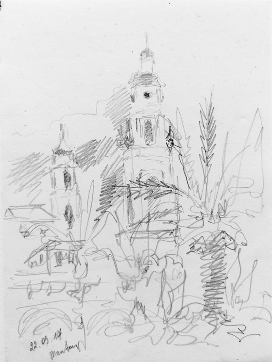 Côté d'azur - Menton. Sketch. Cityscape original pencil drawing