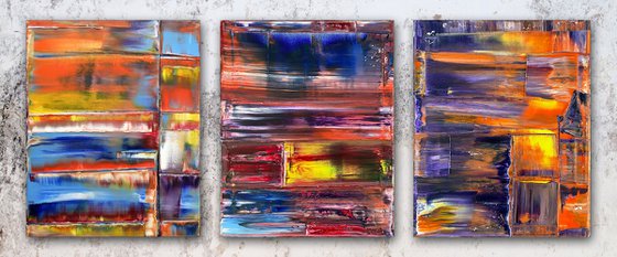 "Intermediary" - FREE USA SHIPPING - Original PMS Abstract Triptych Oil Paintings On Canvas - 48" x 20"