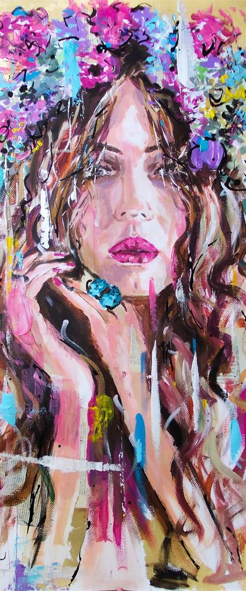Blue Ring - Woman portrait acrylic mixed media painting on paper by Antigoni Tziora