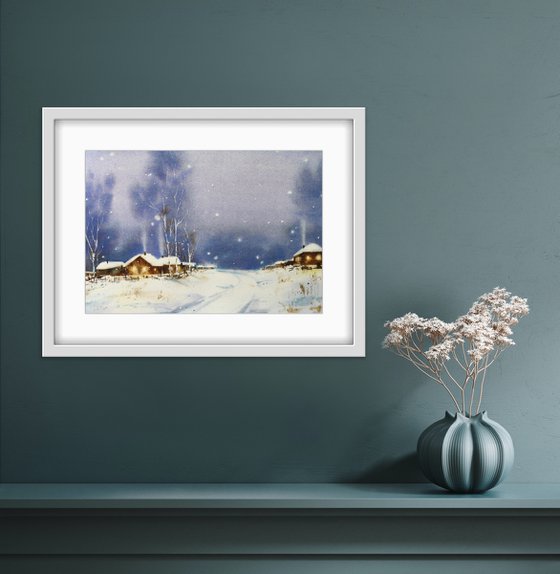 Evening in the village. Winter landscape. Original watercolor artwork.