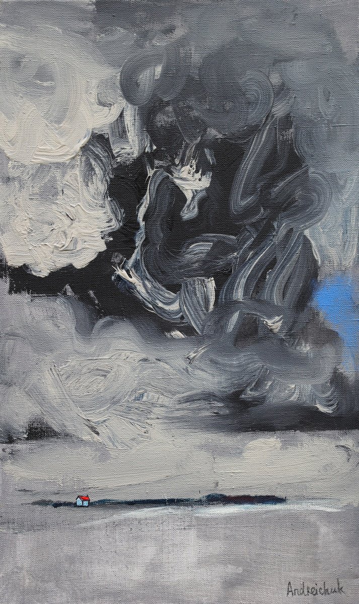 Expressive Landscape Acrylic Painting By Artem Andreichuk, 12 X 20, Clouds, Original Artwork