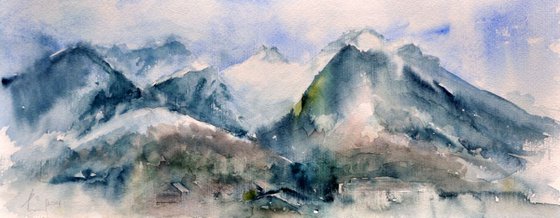 ALPS. LOFER II original watercolour 50x20