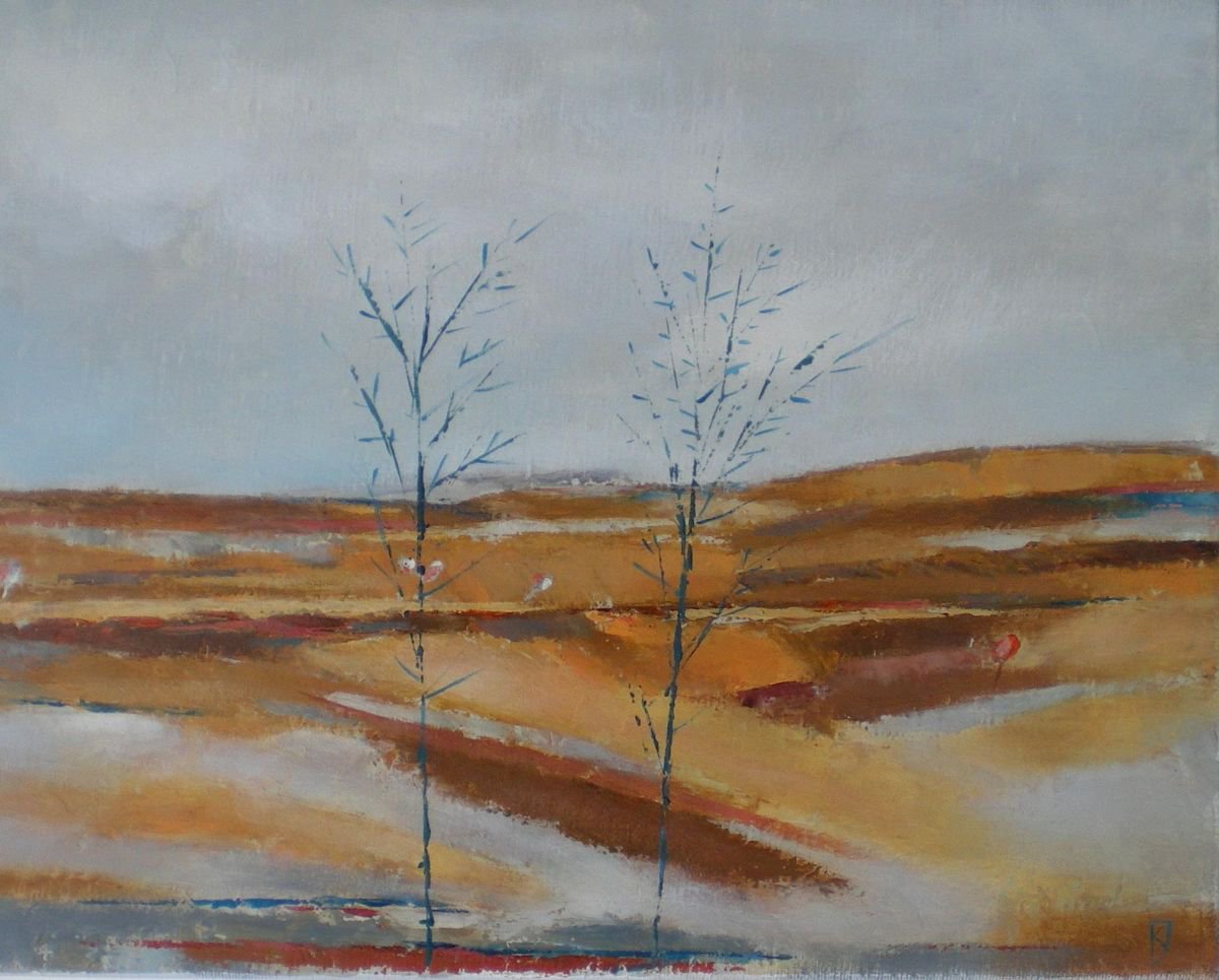 Abstract Landscape Acrylic Painting By Kestutis Jauniskis, 12 X 9", Blue Trees, Original Artwork