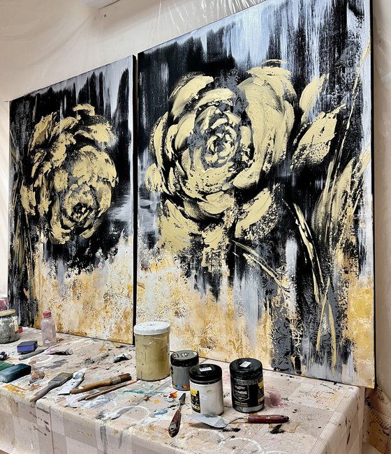 Golden and Black abstract painting. Black gold abstraction flower. AMAZING GOLD FLOWERS.