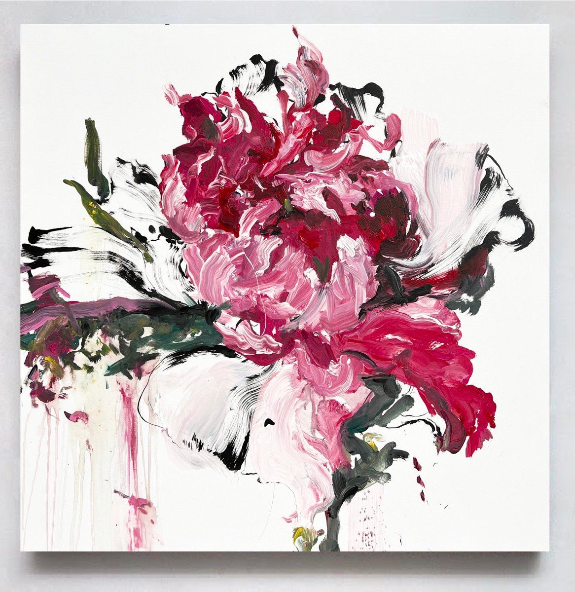 Abstract Botanical Acrylic Painting By Rosi Roys, 39 X 39", Pink Flower 4, Original Artwork