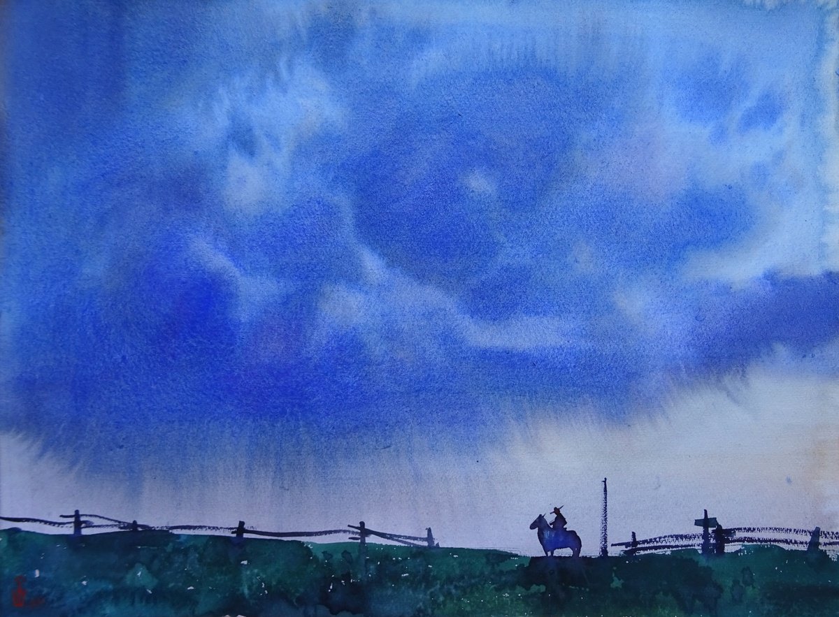Impressionistic Landscape Watercolour By Maksym Kisilov, 17 X 13", ,,Horseman,,, Original Artwork