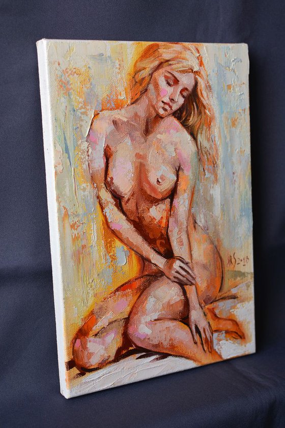 SPRING NUDE (Modern Impressionistic Oil Painting Beautiful girl Palette Knife Portrait)
