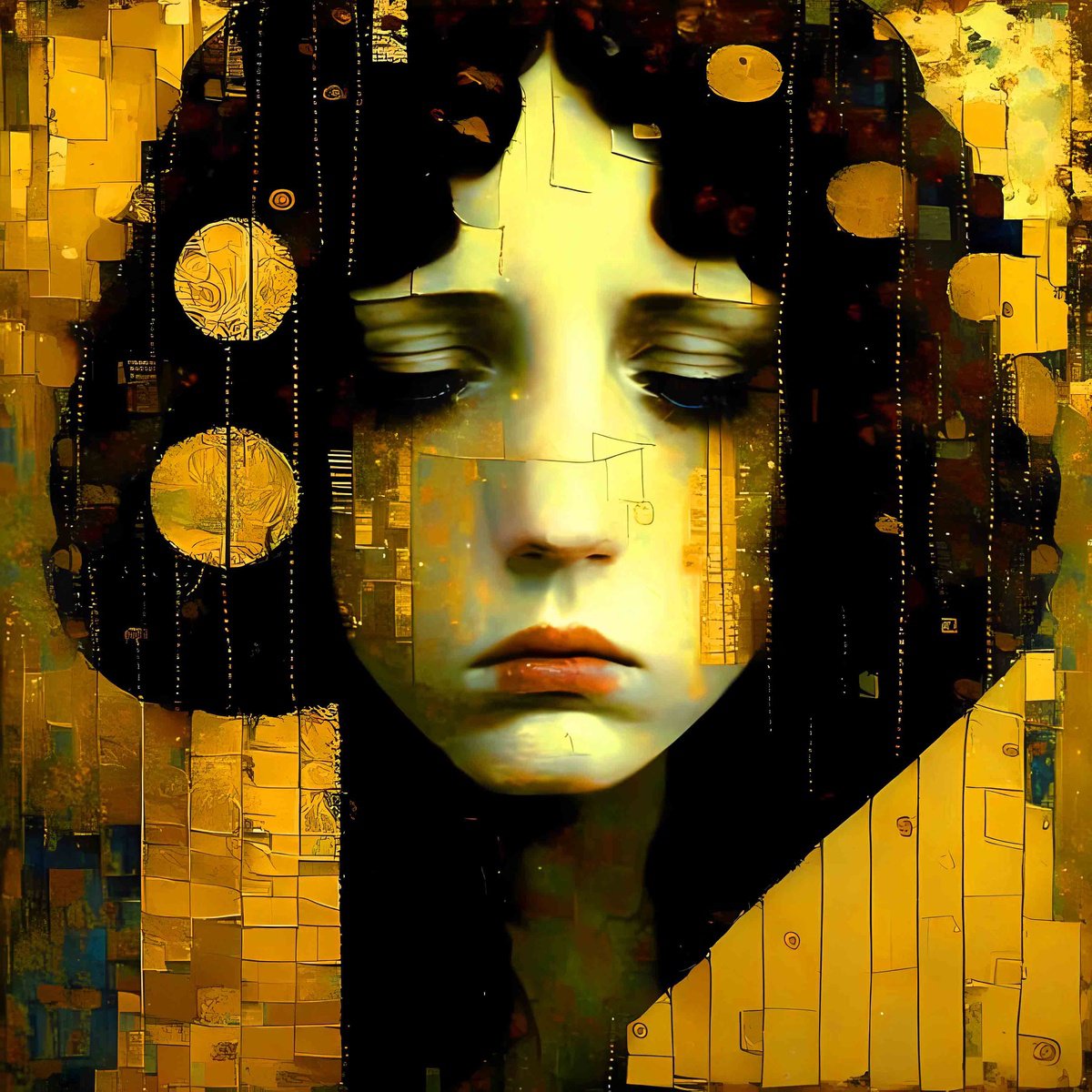 Golden tears - contemporary girl portrait, abstract Digital art print on canvas, black gol... by BAST