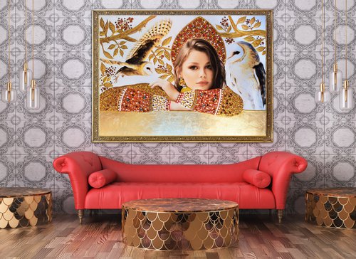 Custom portrait from a photo Queen \ Princess. Art commission. Large painting, mixed media photo collage with precious stones, rhinestones, gold petal by BAST