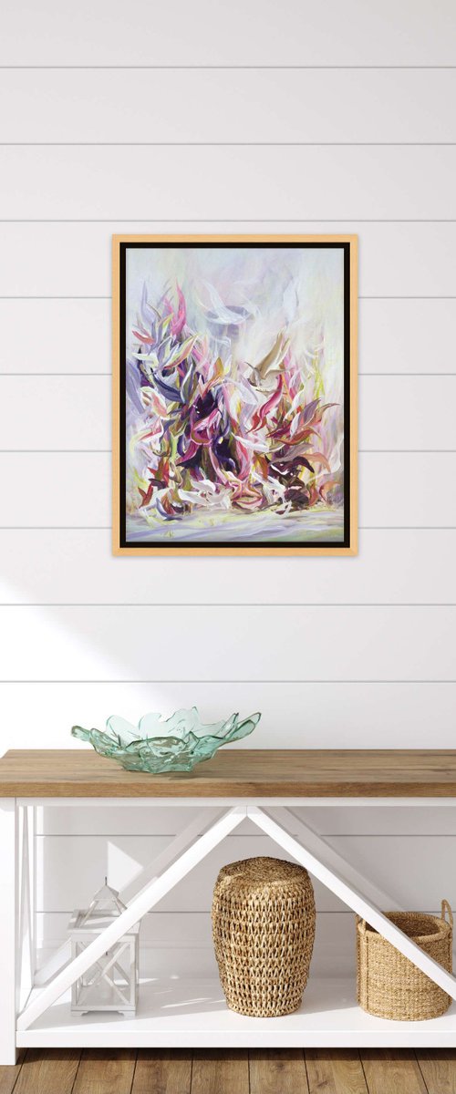 Original Abstract Floral Botanical Painting Textured Art Pink Purple Flowers by Sveta Osborne