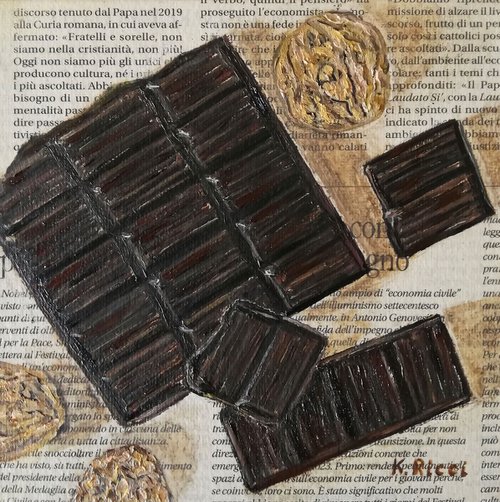 "Chocolate Bar with Walnuts on Newspaper" Original Oil on Canvas Board Painting 6 by 6 inches (15x15 cm) by Katia Ricci