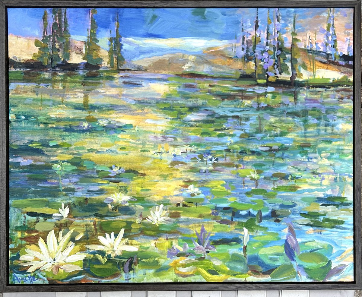 Impressionistic Landscape Acrylic Painting By Annette Wolters, 21 X 17, Lily Pond, Original Artwork