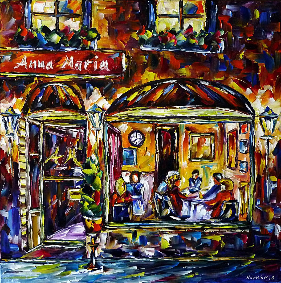 Expressive Cityscapes Oil Painting By Mirek Kuzniar, 20 X 20", Cafe Anna Maria, Original Artwork