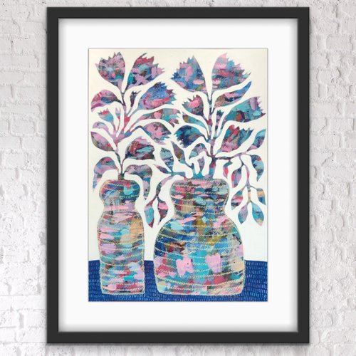 Flowers in striped vases by Ketki Fadnis