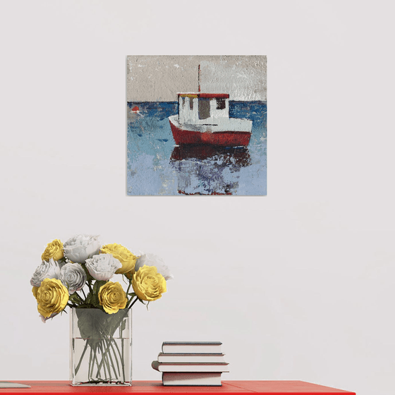 Red Boat 12x12" Acrylic, Oil and Gesso on Wood Panel by Bo Kravchenko