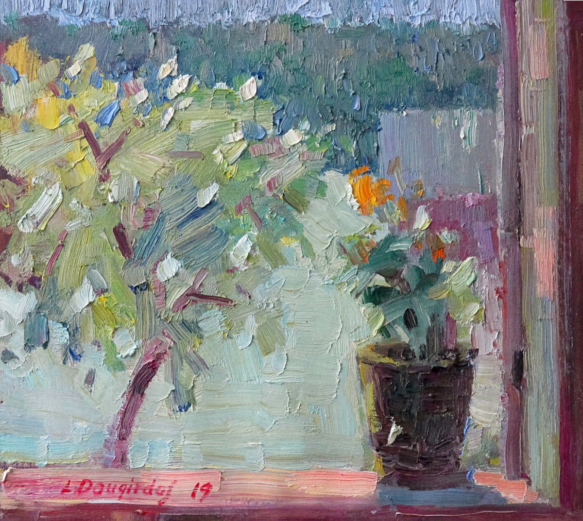 Impressionistic Landscape Oil Painting By Liudvikas Daugirdas, 15 X 13", By The Open Window, Original Artwork
