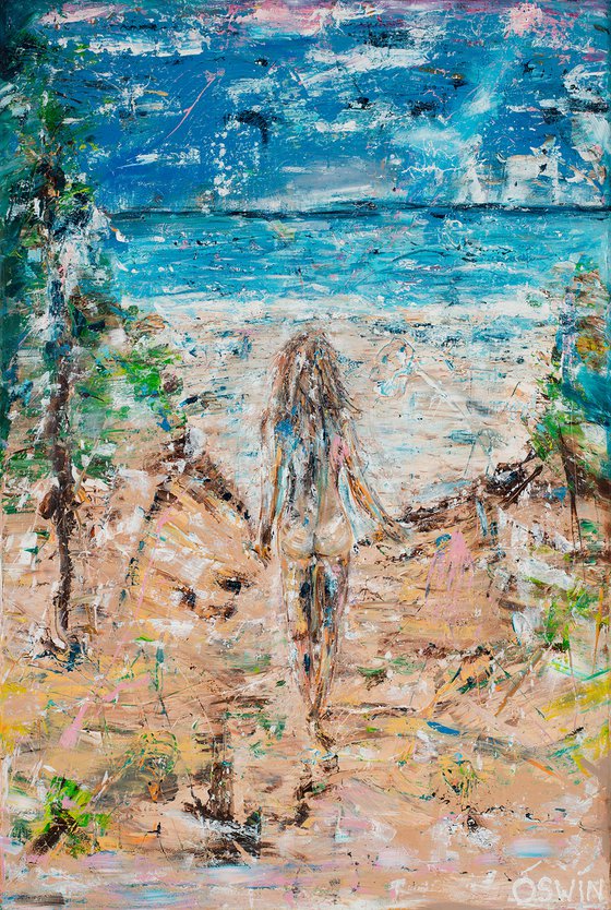 Female nude: Walk to the beach 120x80 cm.|47.24"x31.5" painting by Oswin Gesselli