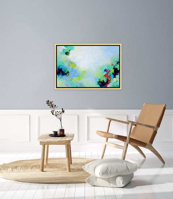 3D Abstract Painting on Canvas. Bright Colors, Blue Green White Violet Turquoise Teal, Bold Modern Art with Brush Strokes Texture