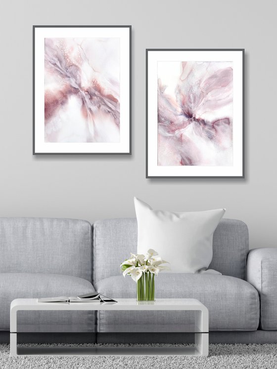 Pink abstract flowers diptych