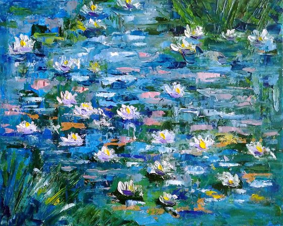 Water Lily Painting Original Art Monet Pond Landscape Artwork Impasto Floral Wall Art