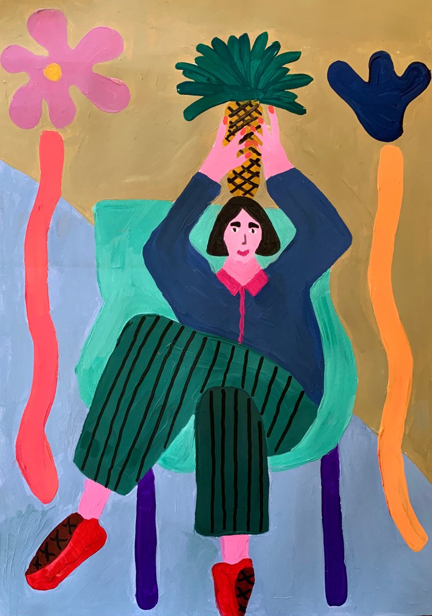 Urban And Pop Portrait Acrylic Painting By Aurora Camaiani, 14 X 20, Girl With Pineapple, Original Artwork