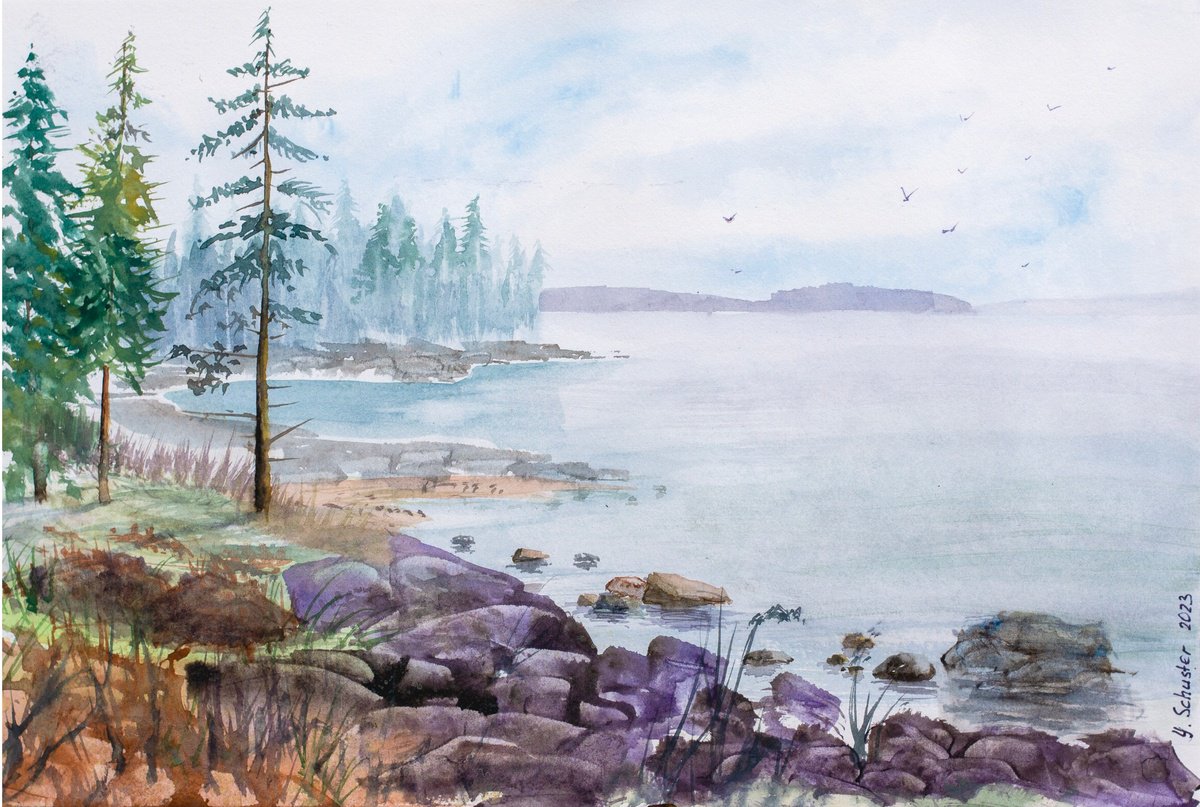 Impressionistic Landscape Watercolour By Yulia Schuster, 12 X 8", Serenity By The Lake, Original Artwork