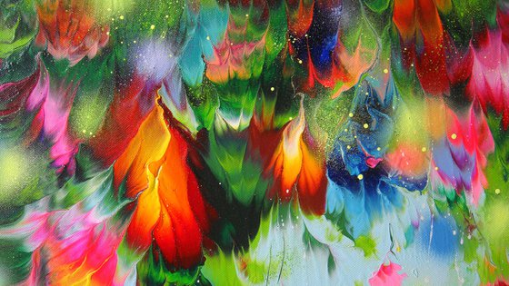 "Hummingbirds and Flowers" LARGE Abstract painting