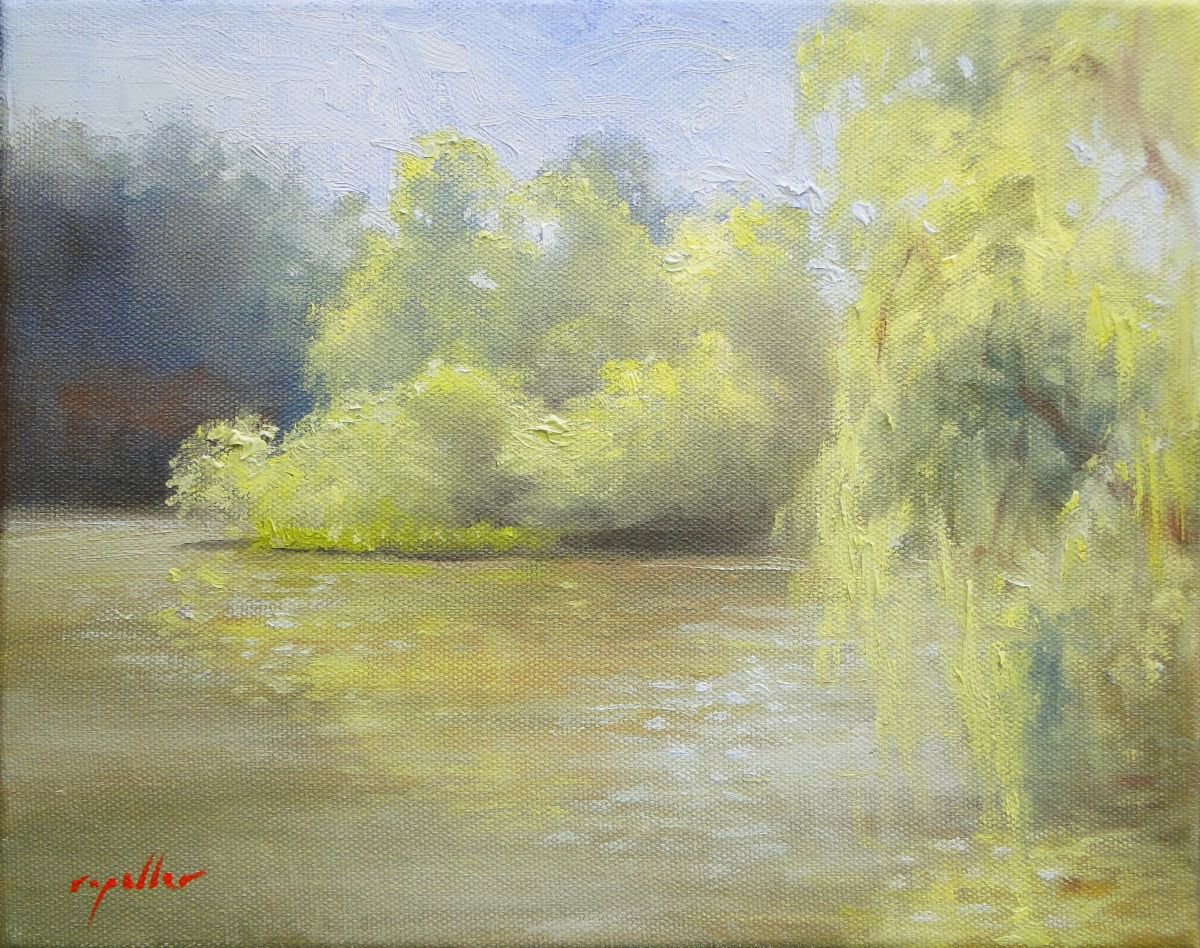 Impressionistic Landscape Oil Painting By Rick Paller, 10 X 8", River, Early Morning, Original Artwork