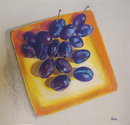 Blue plums on a yellow dish by Liubov Samoilova