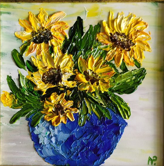 Sunflowers, original impasto flower oil painting, Gift, small framed art