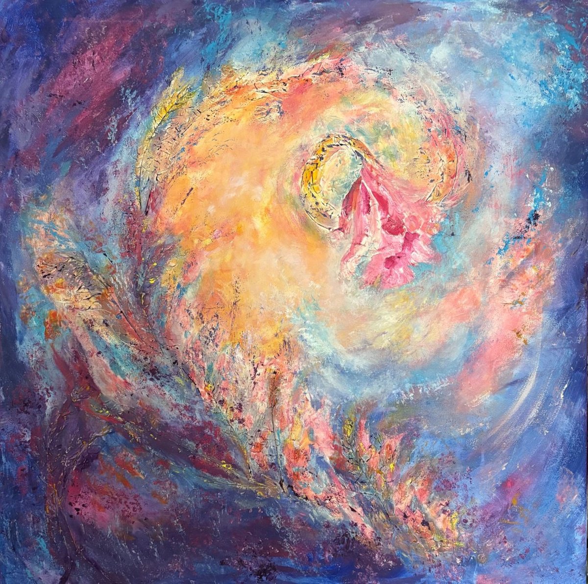 Abstract Botanical Acrylic Painting By Tetiana Pchelnykova, 39 X 39", Silent Bloom Spiral, Original Artwork