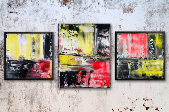 "The Reckoning" - Save As A Series - Original PMS Large Abstract Triptych Acrylic Paintings On Plexiglass and Gallery Wrap Canvas, Framed - 80" x 35"