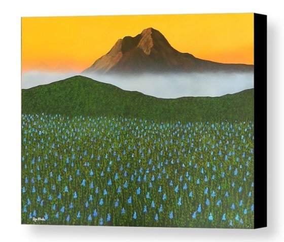 Mystic Morning -  mystic mountain mist and bluebonnet landscape; home, office decor; gift idea